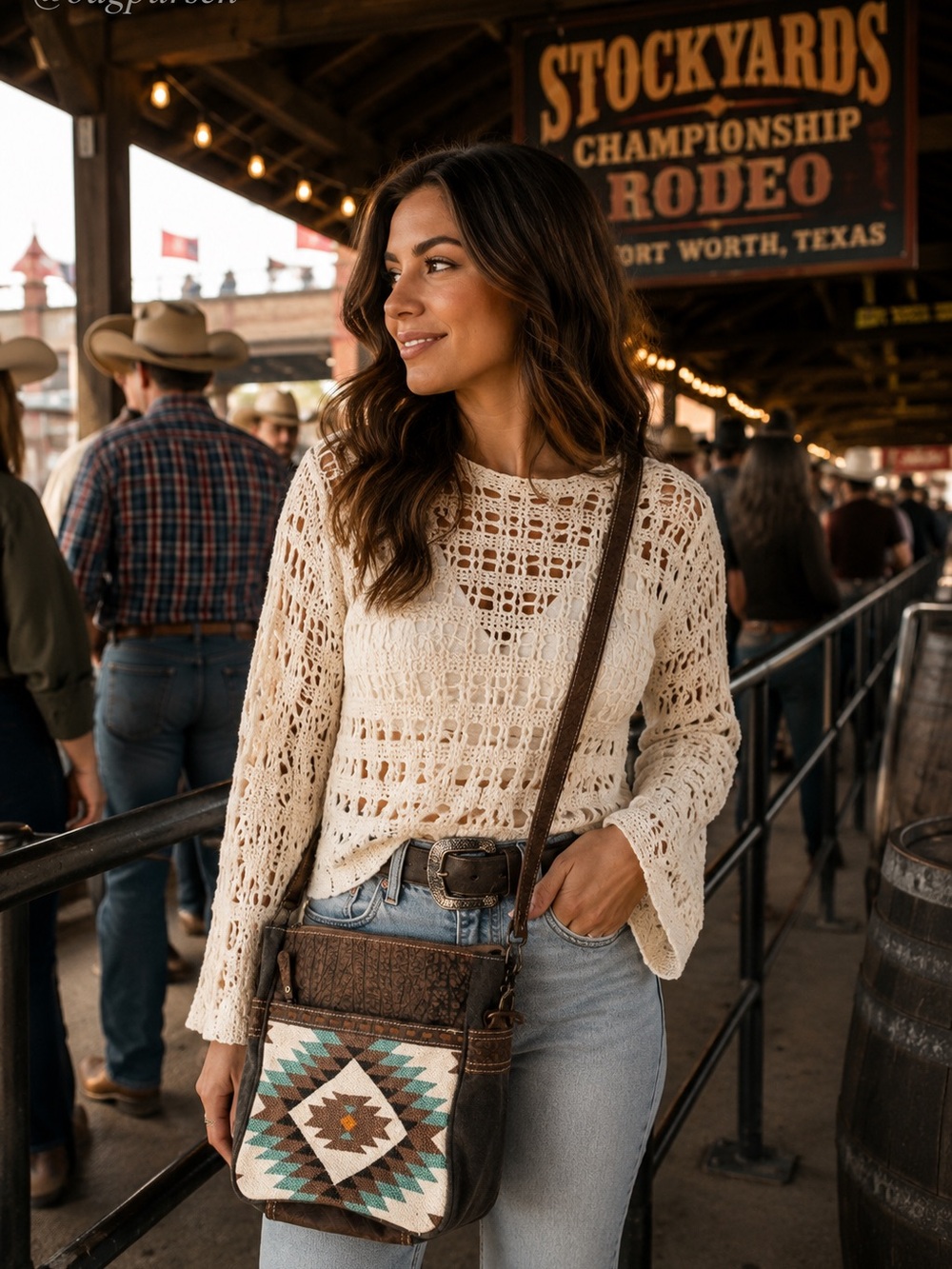 Myra Brown Canvas & Leather Crossbody Bag Western Aztec Adjustable Strap
